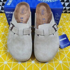 Birkenstock Boston taupe suede mule clogs